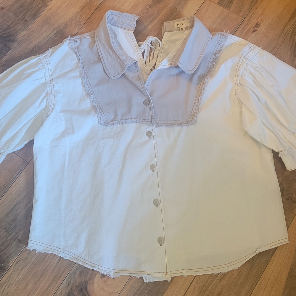 Pol Split Back W/Tie V-Neck Collared Button-Up Tw… - image 7